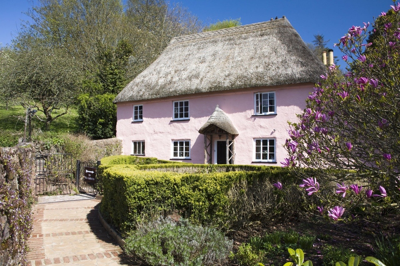 英格兰精致粉色茅草屋顶小屋