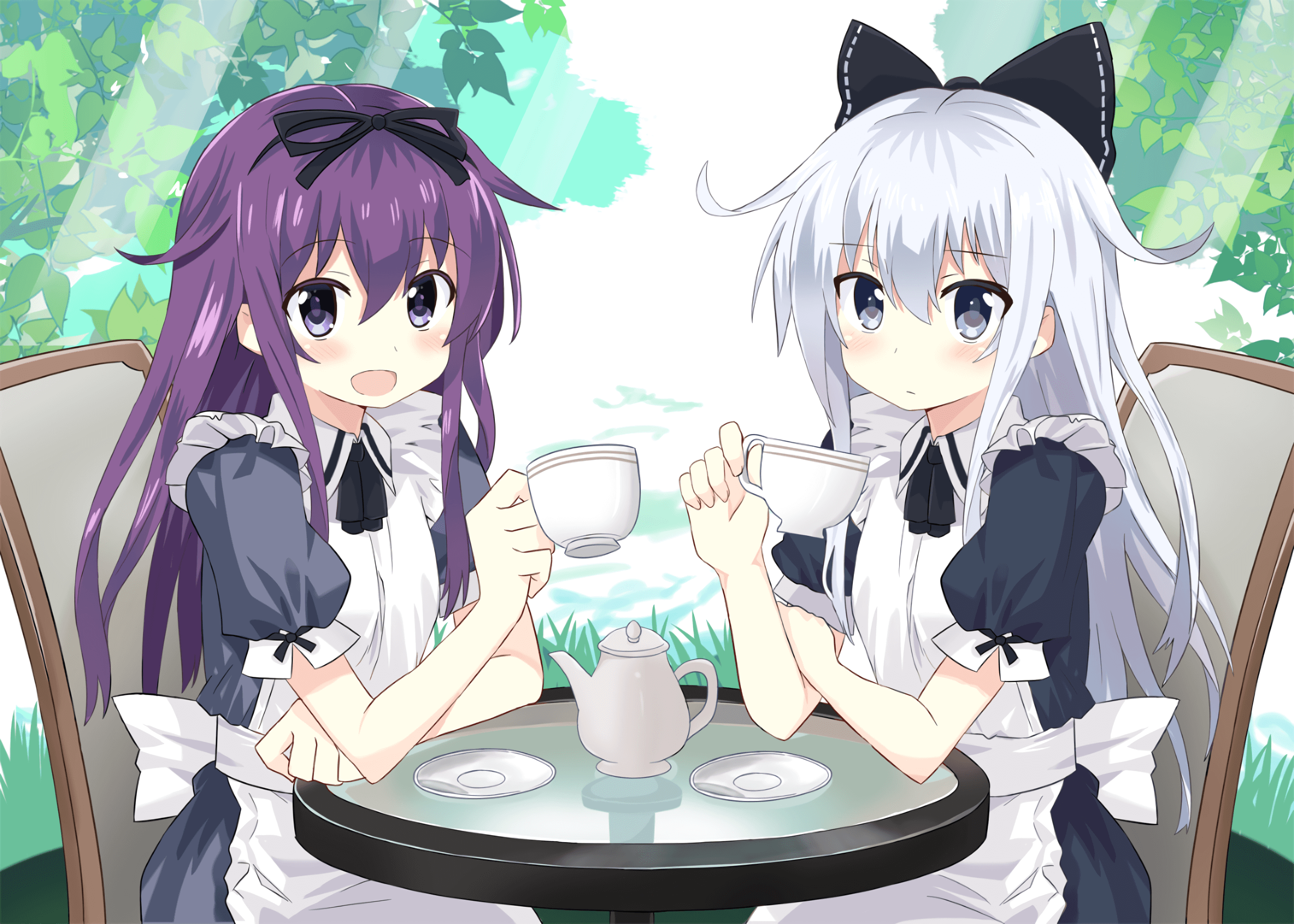 Two cute anime girls drinking tea